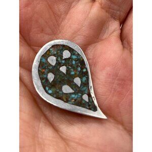 Handmade Sterling Silver Inlaid Terrazzo Turquoise Pin Mosaic 1" Unmarked Vtg